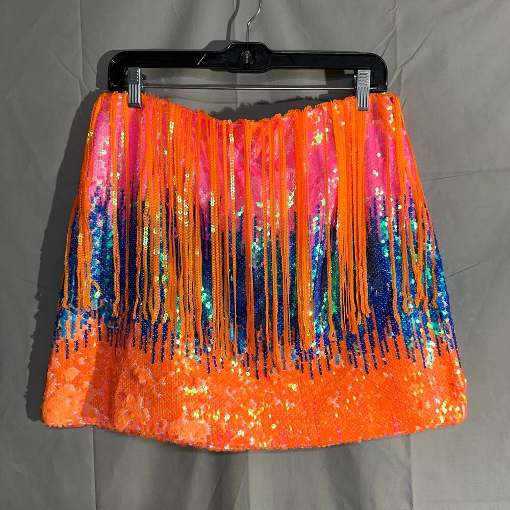 Nasty Gal Skirt Womens 10 Orange Pink Sequin Fringe Mini Disco Cowgirl Western